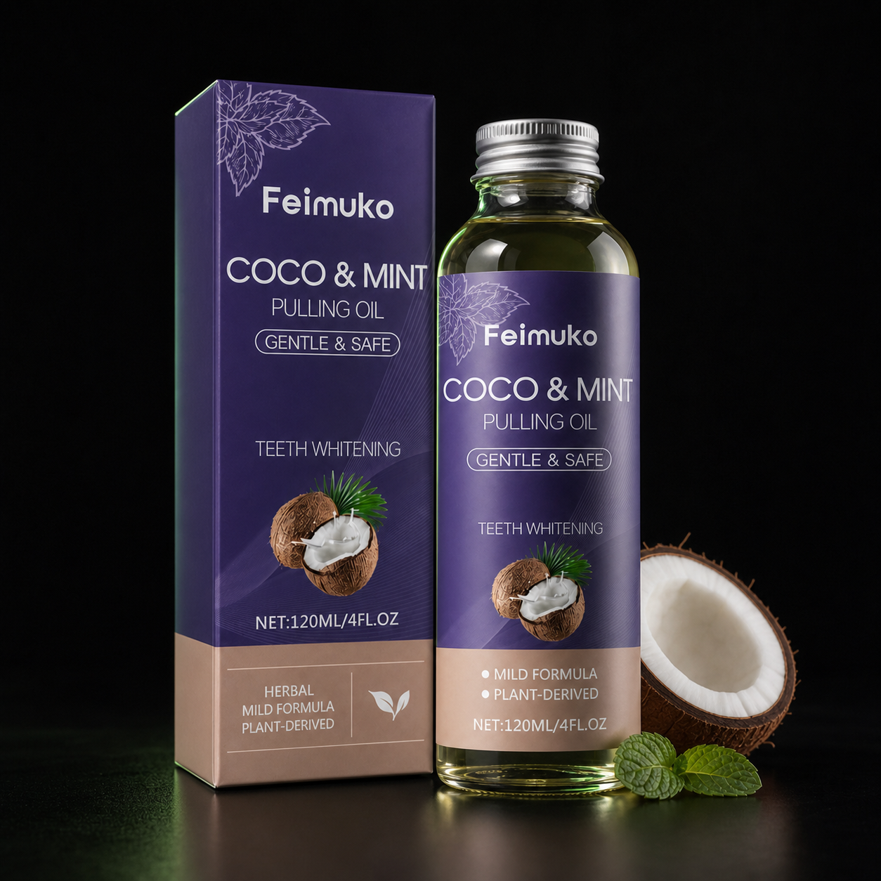 Feimuko Coco & Mint Pulling Oil mit Verpackung, Kokosnuss und Minze